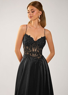 Isoldemark Black Corset Lace Satin Slit Prom Dress image6