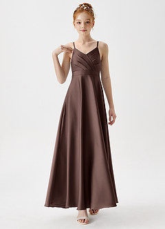 Azazie Avelina Junior Ganache A-Line Pleated Stretch Satin Dress image4
