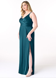 Azazie Aqua Bridesmaid Dresses Ink Blue A-Line V-Neck Pleated Stretch Satin Dress image10