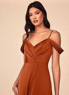 Azazie Ocean Brautjungfernkleider A-Linie V-Hals Gefaltet Stretch-Satin Kleid Gebranntes Orange image4