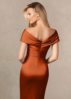 Azazie Ludlow Vestidos para mãe da noiva Vestido Laranja Queimada de Cetim elástico de sereia com Plissado image5