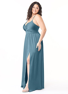 Azazie Raya Vestidos de damas de honor Vestido de Bermudas de Satén Elástico de Corte en A con Cuello en V Plisado image11