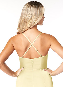 Azazie Marzia Bridesmaid Dresses Lemon Sorbet Mermaid Cowl Pleated Stretch Satin Dress image3