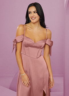 Barbie ♥ Azazie Bridesmaid Dresses Rosette A-Line Off the Shoulder Stretch Satin Dress image5