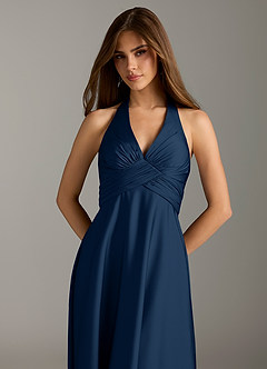 Azazie Tessie Bridesmaid Dresses Dark Navy A-Line Pleated Stretch Satin Dress image6