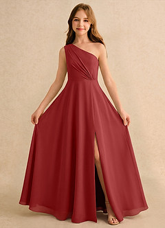 Azazie Puddles Girls Formal Robe Demoiselle D'honneur Fillette Robe Trapèze en Mousseline de soie Une épaule Rouille image5