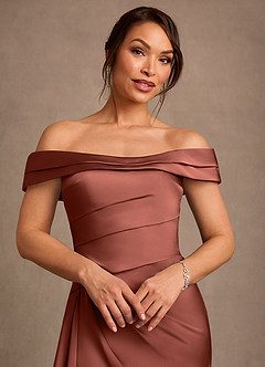 Azazie Beah Mother of the Bride Dresses Auburn Sheath Off the Shoulder Stretch Satin Dress image6