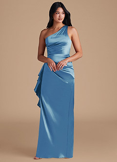 Azazie Latrice Vestidos de damas de honor Vestido de Azul Acero de Satén Metálico de Corte Recto con Hombro unilateral image6