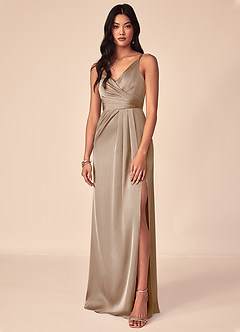 Azazie Aqua Vestidos de damas de honor Vestido de Gris Pardo de Satén Elástico de Corte en A con Cuello en V plisado image1