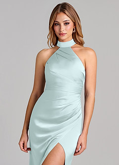 Azazie Karlotta Bridesmaid Dresses Sea Glass Sheath Pleated Stretch Satin Dress image6
