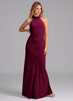 Azazie Velli Vestidos de damas de honor Vestido de Cabernet de terciopelo de Corte Sirena con Cuello Alto image4