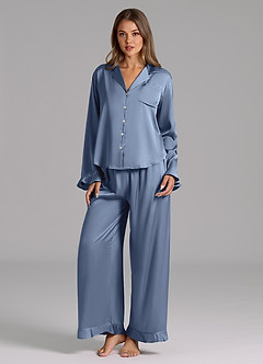 front Matching Color Ruffled Satin Long Sleeve Pajama Set