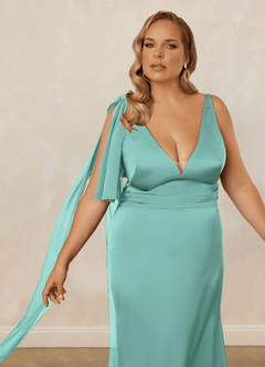 Christian Siriano Bridal for Azazie 1011 Brautjungfernkleider Meerjungfrau-Linie Schleifen Stretch-Satin Kleid Aqua image13