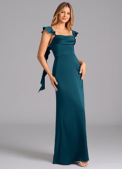 Azazie Adi Bridesmaid Dresses Ink Blue A-Line Pleated Stretch Satin Dress image3