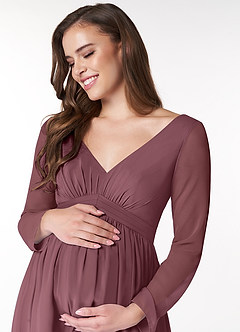 Azazie Teton Maternity Bridesmaid Dresses A-Line Long Sleeve Chiffon Floor-Length Dress image5