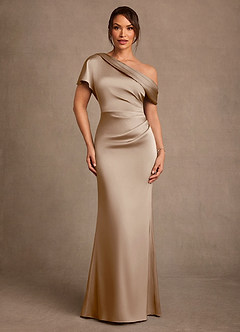Azazie Rutha Mother of the Bride Dresses Taupe Sheath One Shoulder Stretch Satin Dress image1