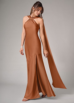Azazie Kinsley Bridesmaid Dresses Copper Mermaid Side Slit Stretch Satin Dress image4
