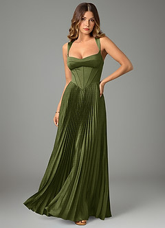 Azazie Avenelle Bridesmaid Dresses Olive A-Line Corset Stretch Satin Dress image1