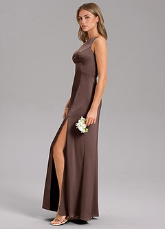 Azazie Phaedra At-home Try On Dresses Olive A-Line One Shoulder Stretch Satin Dress image5