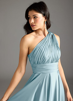 Azazie Charlize Bridesmaid Dresses Moody Blue A-Line One Shoulder Stretch Satin Dress image7