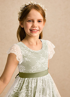 Azazie Maisie Robe Demoiselle D'honneur Fillette Robe Trapèze en Dentelle Ivoire Vert Mousse image7