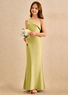 Azazie Almond Girls Formal Jurken voor bloemenmeisjes Kokerjurk Jurk van Stretch Satijn One-shoulder Kanarie image3