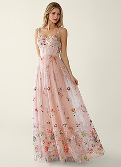 Irisqun Pink 3D Flowers Sequin Embroidery Beading Tulle Prom Dress image3