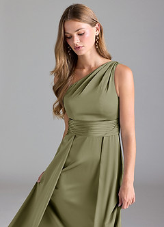 Azazie Dallas Bridesmaid Dresses Pistachio A-Line One Shoulder Stretch Satin Dress image6