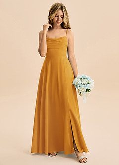 Azazie Bear Junior A라인 주름진 쉬폰 플로어 길이 주니어 신부 들러리 드레스 image3