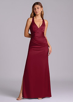 Azazie Amelie Bridesmaid Dresses Burgundy A-Line Pleated Stretch Satin Dress image4