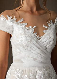 Azazie Cindy Abiti da Sposa Abito A-Line in Tulle a Spalla Scoperta in Pizzo con Illusione Bianco Diamante Champagne image7