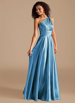 Azazie Charlize Bridesmaid Dresses Steel Blue A-Line One Shoulder Metallic Satin Dress image11