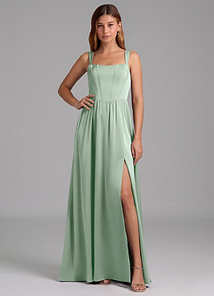 Azazie Rosaline Robes de demoiselle d'honneur Robe Trapèze en Satin extensible Fente Latérale Agave image1
