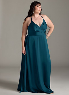 Azazie Davis Bridesmaid Dresses Ink Blue A-Line Pleated Stretch Satin Dress image9