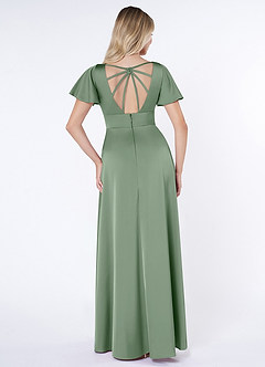 Azazie Lani Robes de demoiselle d'honneur Robe Trapèze en Satin extensible Manche à volants Matcha image2