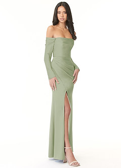 Azazie Hallie Bridesmaid Dresses Dusty Sage Sheath Off-The-Shoulder Long Sleeve Stretch Satin Convertible Dress image5