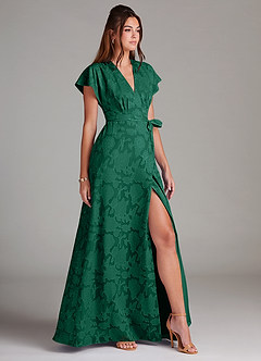 Azazie Ling Bridesmaid Dresses Emerald A-Line Pleated Floral Burnout Dress image4