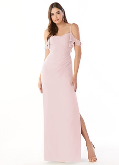 Azazie Emeralda Bridesmaid Dresses Blushing Pink Sheath Off the Shoulder Chiffon Dress image3
