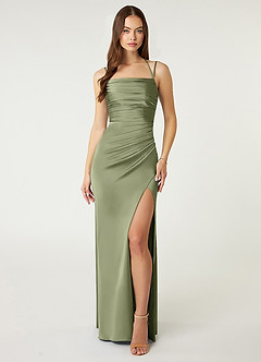 Azazie Desi Robes de demoiselle d'honneur Robe Fourreau en Satin extensible Corset dos nu Sauge Des Jardins image1