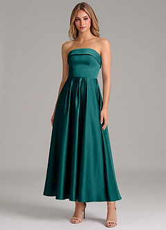 Azazie Lucienne Bridesmaid Dresses Peacock A-Line Pleated Stretch Satin Dress image1