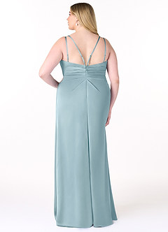 Azazie Aqua Bridesmaid Dresses Moody Blue A-Line V-Neck Pleated Stretch Satin Dress image9