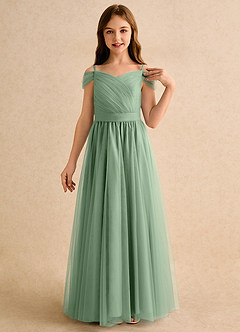 Azazie Yuna Girls Formal Flower Girl Dresses Matcha A-Line Off the Shoulder Tulle Dress image6