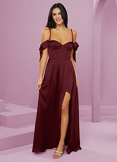 Barbie ♥ Azazie Bridesmaid Dresses Cabernet A-Line Off the Shoulder Stretch Satin Dress image6