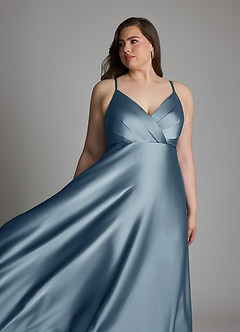 Azazie Amani At-home Try On Dresses Dusty Blue A-Line Pleated Stretch Satin Dress image11