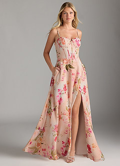 Azazie Holly Final Sale Green Fern Floral A-Line Ruched Chiffon Dress image1