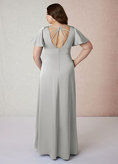 Azazie Lani Bridesmaid Dresses Silver A-Line Flounce Sleeve Stretch Satin Dress image8