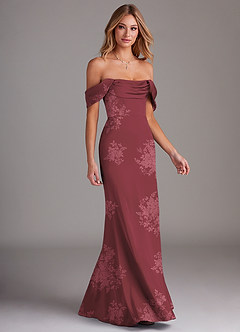 Azazie Saige Bridesmaid Dresses Burgundy Floral Bouquet Sheath Off the Shoulder Stretch Satin Dress image6