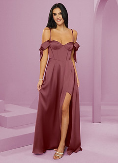 Barbie ♥ Azazie Bridesmaid Dresses Desert Rose A-Line Off the Shoulder Stretch Satin Dress image6