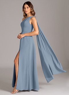 Azazie Tella Jurken voor bruidsmeisjes Jurk van Chiffon met A-Lijn One-Shoulder Stoffig Blauw image1