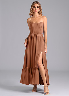 Azazie Leilana Robes de demoiselle d'honneur Robe Trapèze en Satin extensible Corset Bronze image3
